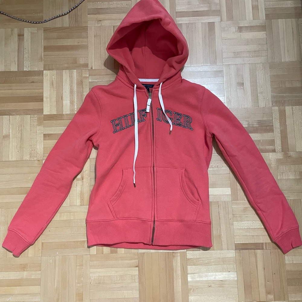 Tommy Hilfiger Pink Zip-Up Hoodie Sweatshirt Y2K Vintage